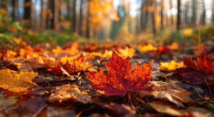 A vibrant forest path carpeted with fallen autumn leaves in warm hues