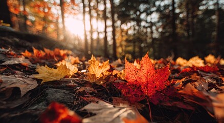 Sunlit forest floor carpeted in vibrant autumn leaves