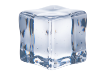 Single clear ice cube, transparent with subtle internal bubbles, showcasing refreshing coolness and pristine purity, isolated on a transparent background for beverage designs.