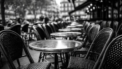 Empty Parisian cafe tables and chairs create a moody, atmospheric scene