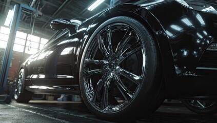 Close-up of a shiny black car's custom chrome wheel in a repair bay