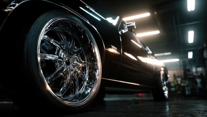 Gleaming black muscle car with custom chrome rims in a workshop