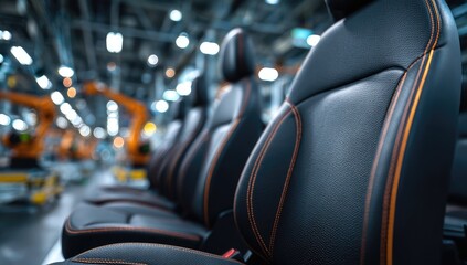 Automotive seats in a modern assembly line, with robotic arms visible