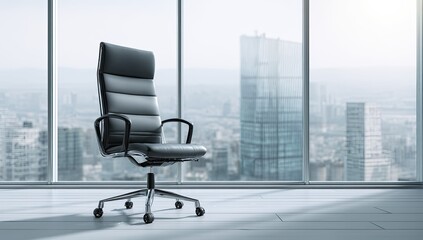 Executive leather chair in a high-rise office overlooking a city skyline