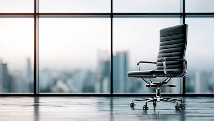 A sleek black office chair sits empty before a vast cityscape view
