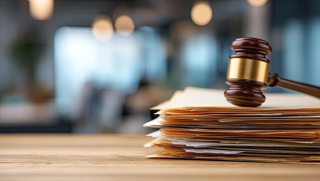 Wooden gavel resting atop a stack of legal documents on a wooden table