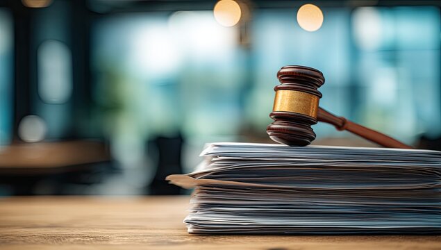 A gavel rests atop a stack of legal documents on a wooden desk