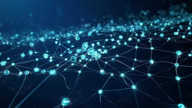Glowing nodes connected by luminous lines form a complex digital network structure