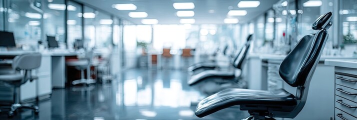 Modern, clean dental clinic interior with rows of chairs, bright lights