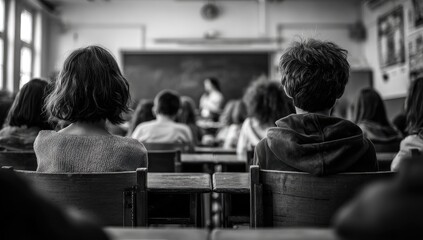 Students in a classroom, viewed from behind, focus on the teacher at the front