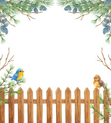 Christmas card with blue and yellow birds on wooden fence and coniferous pine tree twig. New Year card with winter greenery.