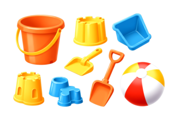 Colorful plastic beach toys set for children including a bright orange bucket, shovels, sandcastle molds, and a striped ball for summer vacation fun and outdoor games