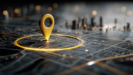 Golden location pin marking a spot on a glowing, futuristic city map