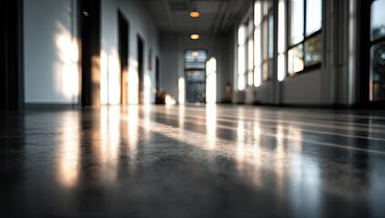Sunlit hallway with elongated shadows on reflective floor