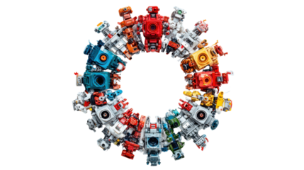 Colorful robot toy collection forming a circular frame, representing technology, teamwork, and innovation on transparent background