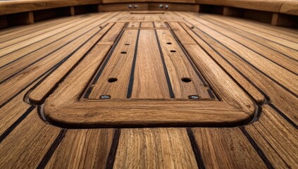 Close-up of a wooden deck with a recessed area and fasteners