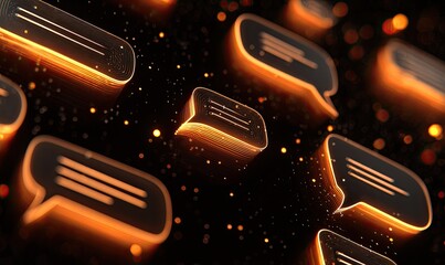 Glowing chat bubbles float in a dark, sparkling void