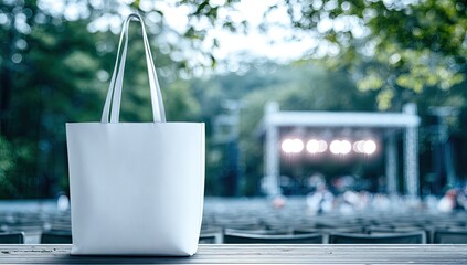 White tote bag in foreground, outdoor concert venue in soft focus background