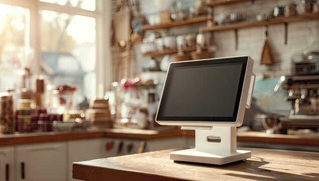 Modern retail point-of-sale touchscreen display on a rustic counter