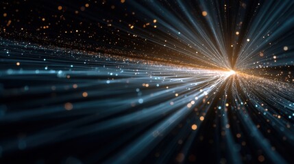 Fototapeta premium Light beams radiate outwards with glowing particles scattered across a dark backdrop. This scene is created through digital artwork techniques showing movement and energy.