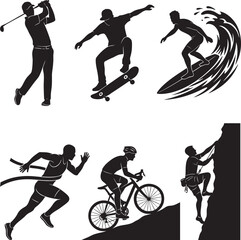 Vector illustration collection, black silhouettes, pure white background, dynamic sports poses, athletes, volleyball, tennis, basketball, soccer, baseball, American football, golf, skateboarding, surf