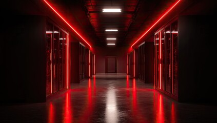 Futuristic server room with red neon lights and reflective floor