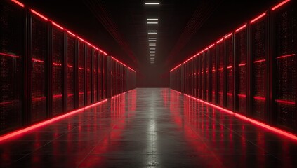 Futuristic glowing red corridor, symmetrical, dark, digital ambiance