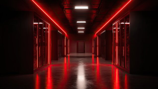 Futuristic server room with red neon lights and reflective floor - Powered by Adobe