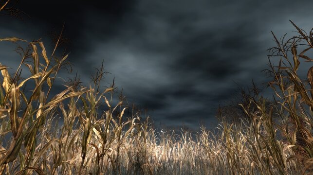 Dry corn stalks stand tall in a field under a dark sky filled with ominous clouds. The sun fades in the background leaving an eerie light around the edges.