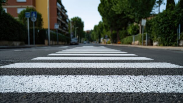 A low-angle shot of a pedestrian crossing on a sunny day in a suburban street
