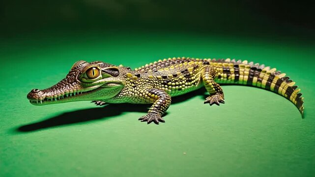 Close up of a young crocodile on a green surface with a dark shadow behind it and a green background crocodile green screen video