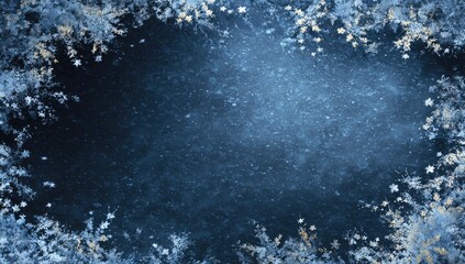 Blue icy frame with sparkling frost and subtle bokeh lights