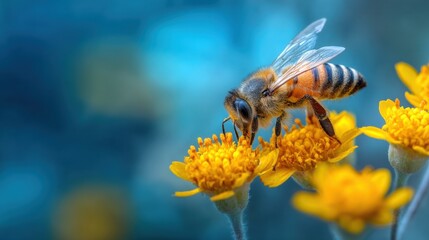 A bee lands on bright yellow flowers to gather pollen on a clear day. The garden shows colorful blooms that attract the bee for food. The scene highlights the importance of pollinators.