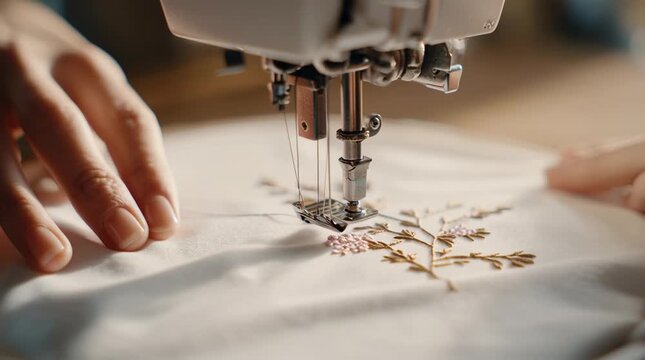 Sewing machine creating delicate floral pattern on fabric, guided by human hands