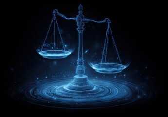 A glowing blue scale of justice with swirling cosmic patterns