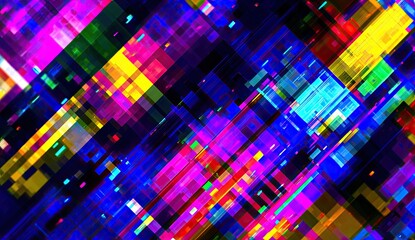 Abstract diagonal geometric pattern with vibrant, glitchy, digital colors