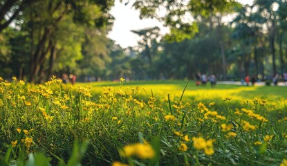 Fototapeta premium Sunlit park pathway with blooming wildflowers and blurred figures in distance