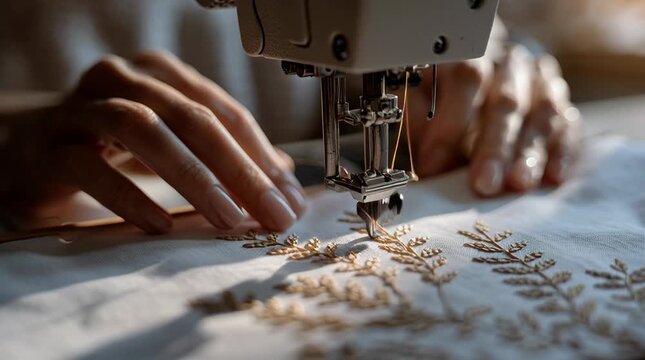 Sewing machine stitching golden leafy patterns on white fabric with blurred hands