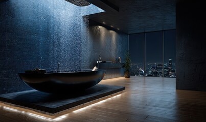Modern spa bathroom with rain shower and city view at night
