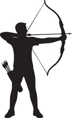 Archer silhouette, male figure, aiming bow, drawing arrow, side profile, black vector graphic, pure white background, quiver with arrows, flat design, high contrast, isolated sports illustration