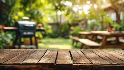 Naklejka premium Rustic wooden table in a sun-drenched backyard with a grill and picnic table
