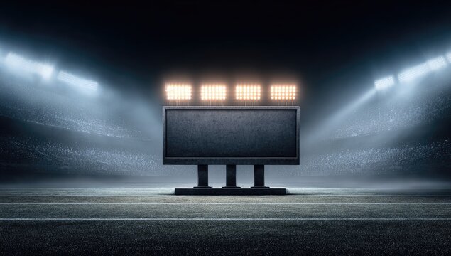 Illuminated stadium screen stands center on empty field with bright lights above