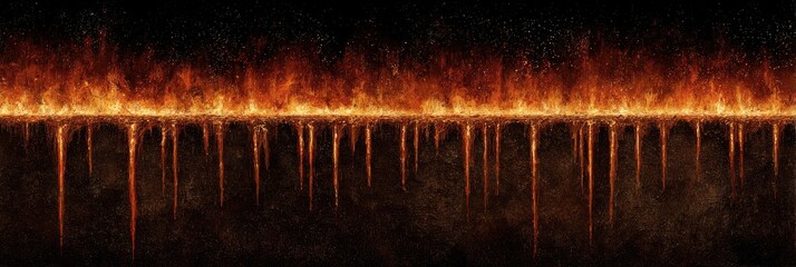 A fiery horizon casts molten drops into darkness, creating an infernal landscape