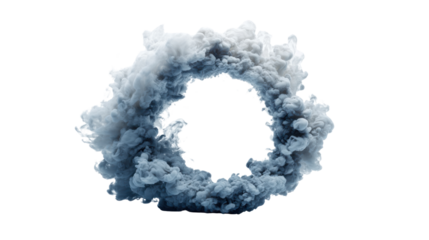 Abstract smoke ring formation creating a circular portal effect, white and blue mystical mist on transparent background