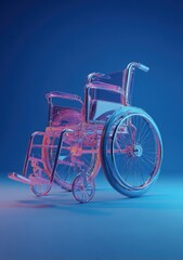 Transparent, glowing wheelchair illuminated by cool blue and warm pink light