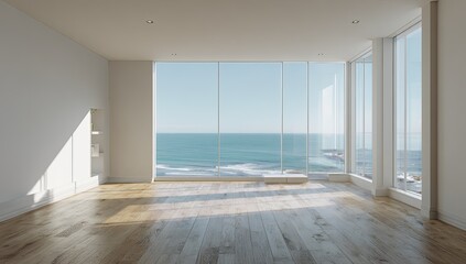 Fototapeta premium Bright modern room with large windows overlooking a calm ocean