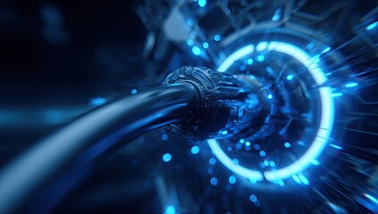 A dark, abstract digital scene with a thick cable connecting to a glowing blue portal