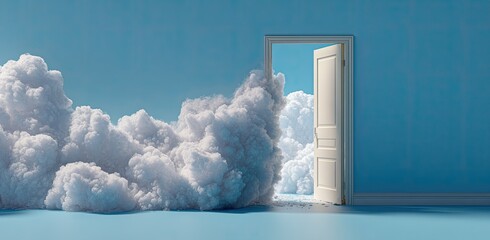 Open door revealing a bright sky filled with clouds, surreal and ethereal