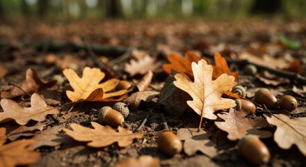 Autumn scene; fallen oak leaves and acorns scattered on forest floor