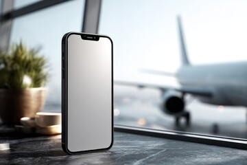 Sleek phone on table with coffee and plant, airplane outside window